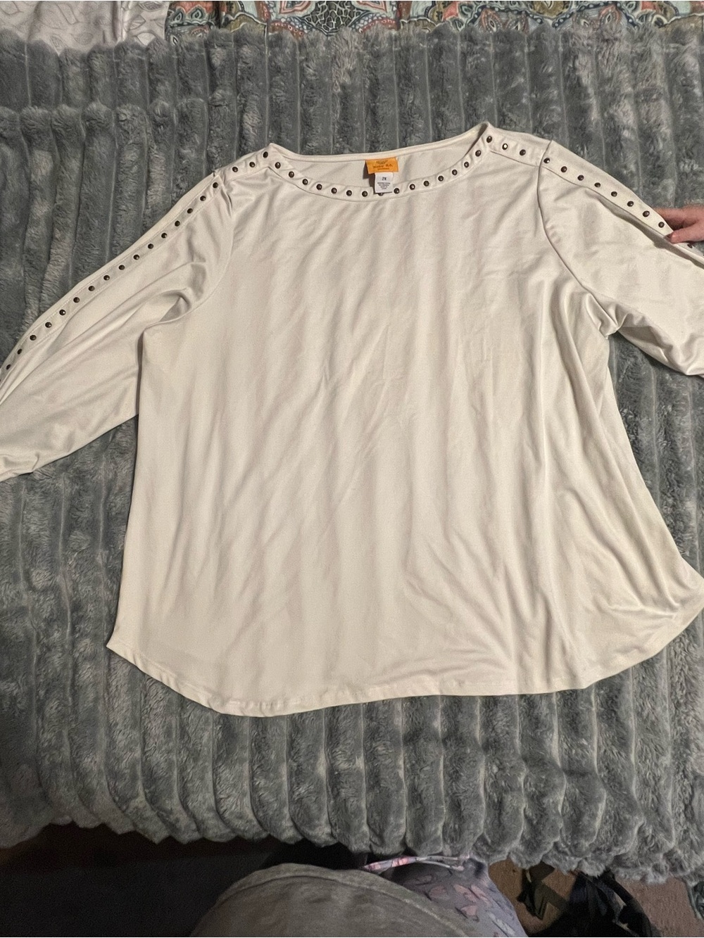 Ruby Rd. Cream Stud-Trim Boatneck Long Sleeve Top